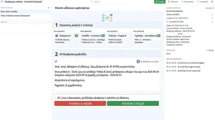 Klientų užklausų apdorojimas su dirbtiniu intelektu — duomenų surinkimas ir atsakymo juodraštis